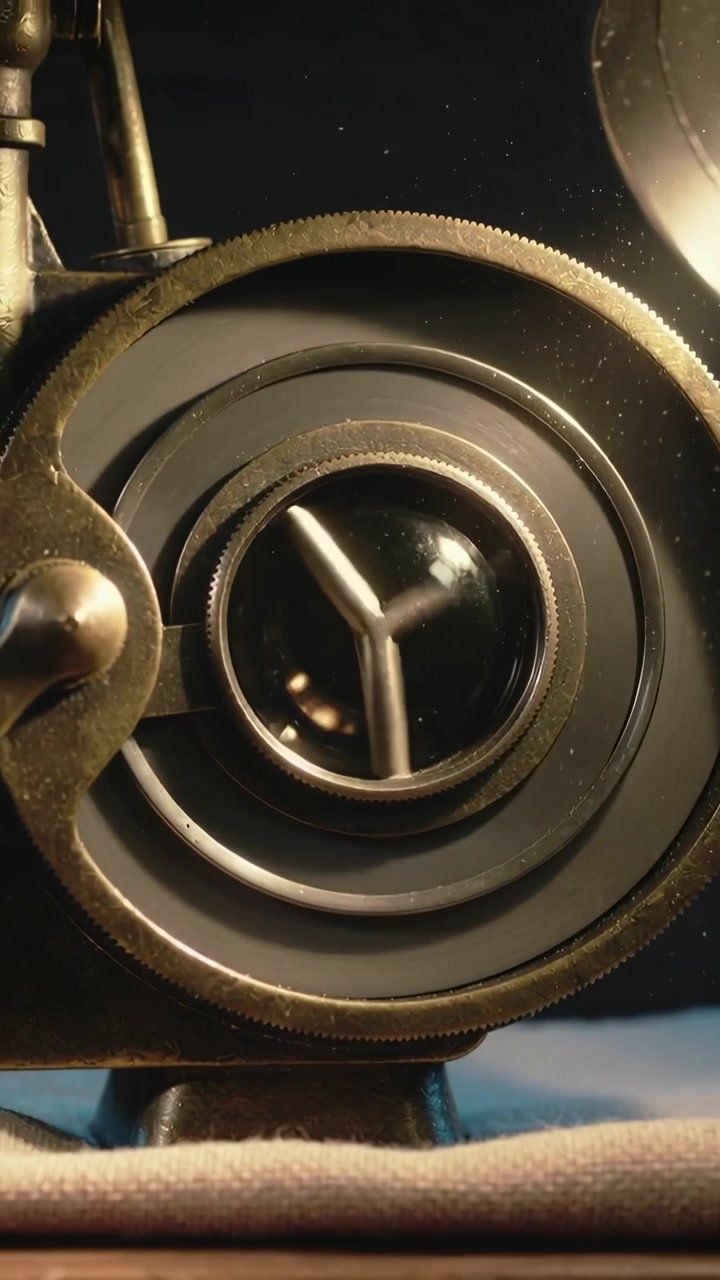 Video verticale: Otturatore interno rotante che segue un anello dentato che gira su un banco, con una lampada che luccica.