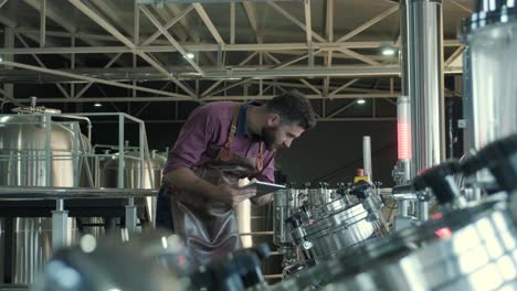 young male brewer wearing a leather apron supervise the process of beer fermentation at a modern brewery factory