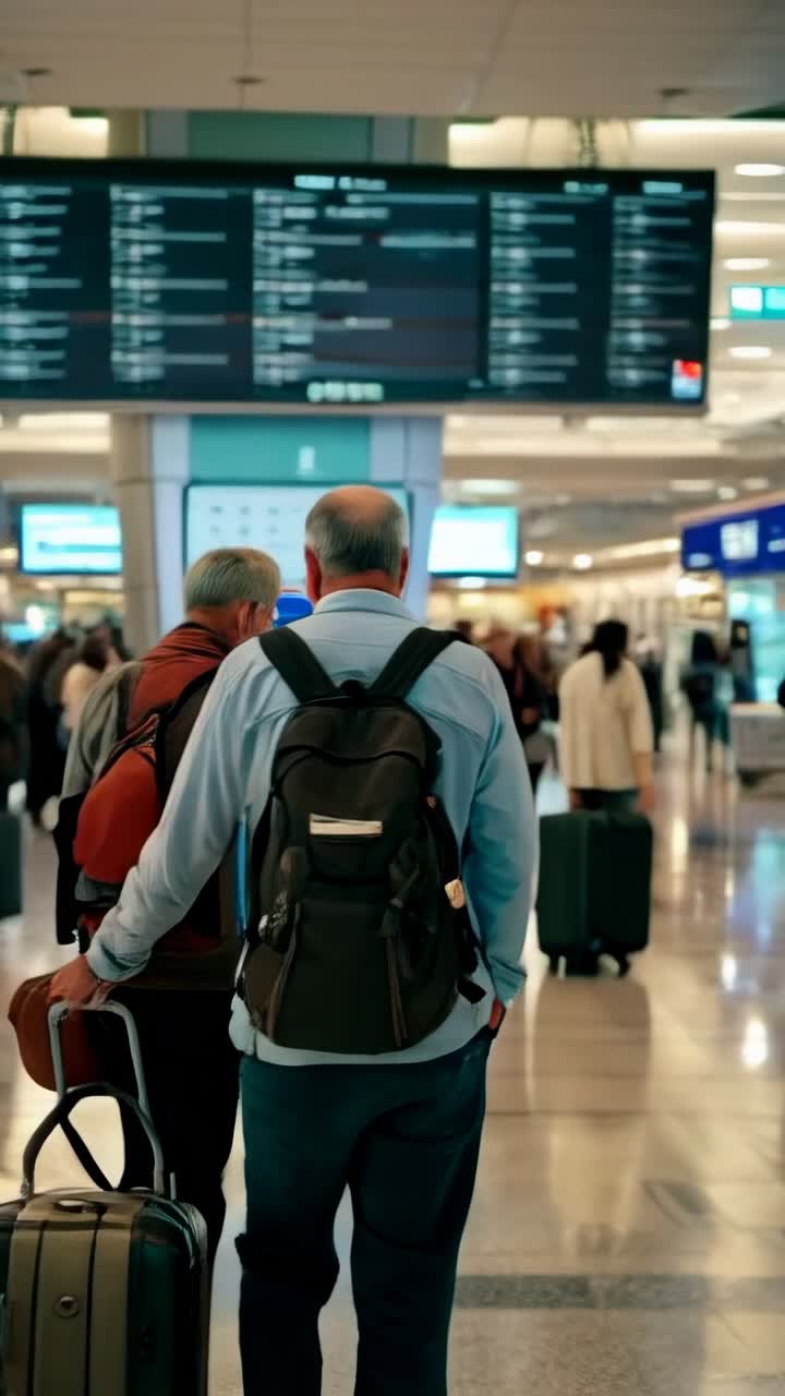 Older man at the airport going to check luggage before boarding.
