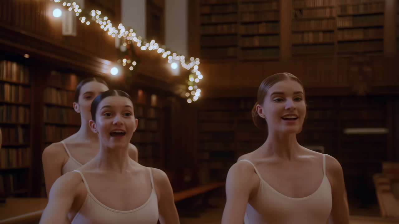 Ballet Dancers in Library with Christmas Lights
