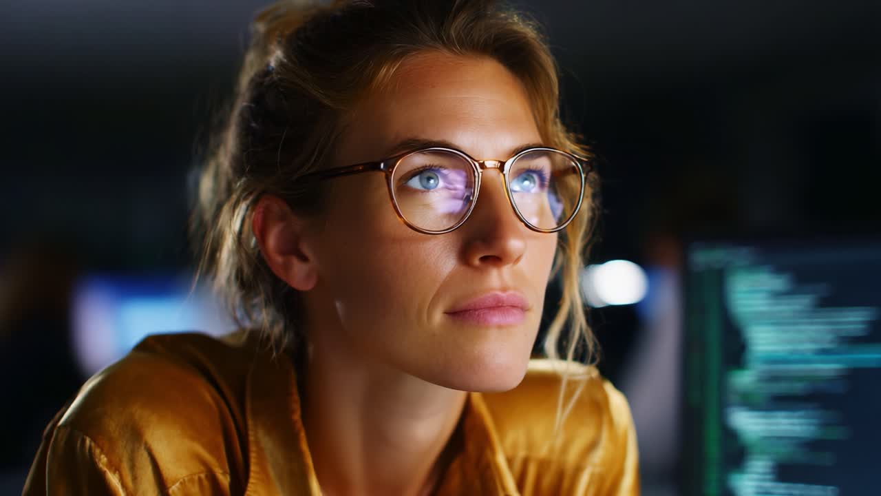 Donna riflessiva con gli occhiali concentrata sul codice, illuminata dalla luce dello schermo, che cattura un momento di introspezione in un ambiente di lavoro scarsamente illuminato