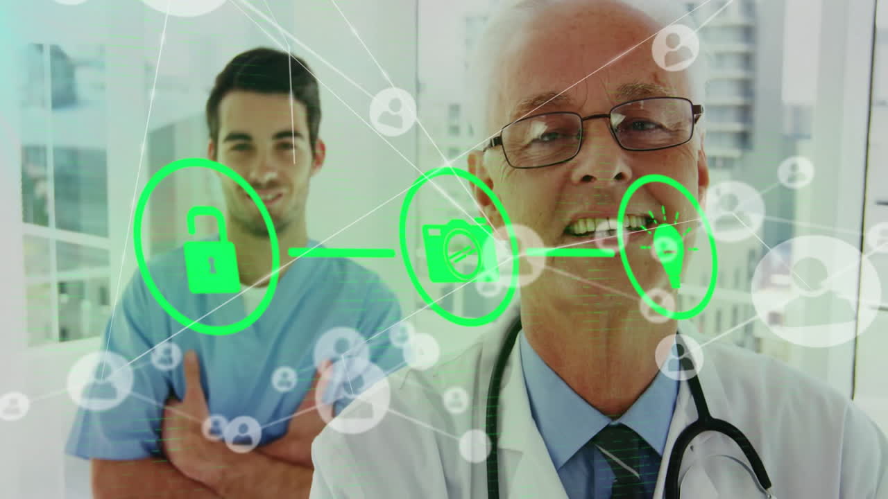 Senior male doctor standing in medical facility, showing green security icons and network nodes
