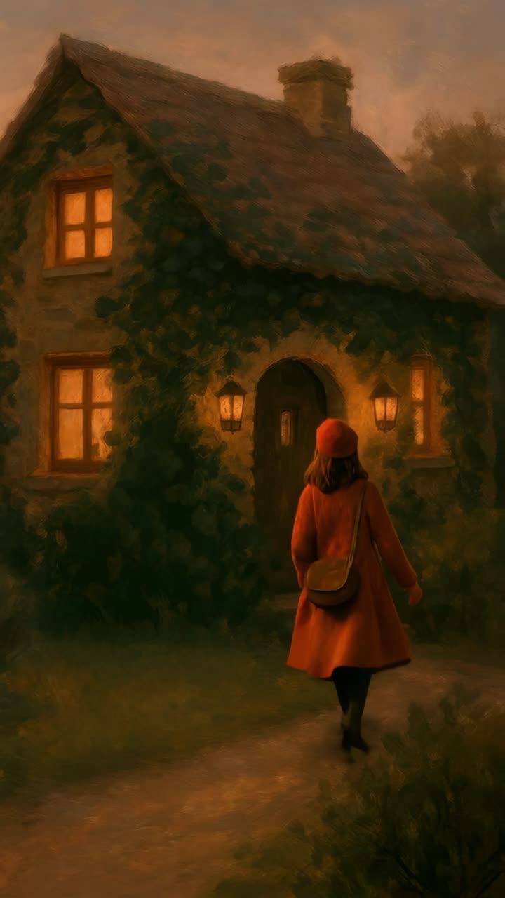 A cozy cottage at dusk with warm lights glowing. A person in a coat walks towards it. Shot