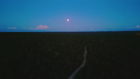 aerial drone view of the moon rising over the cerrado landscape at night, with rocks in the foreground at pedra do gaviao natural reserve in cavalcante, goias, brazil