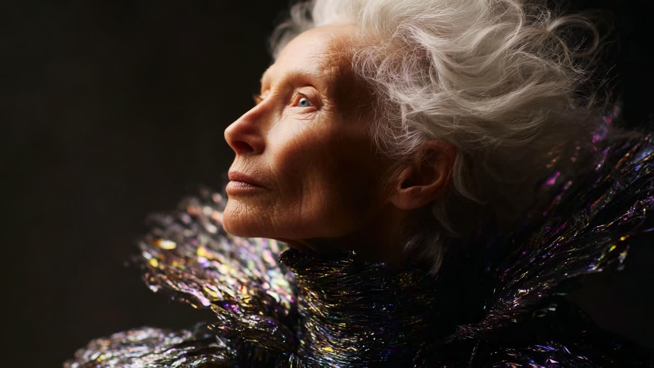 A Portrait of Grace and Elegance: Capturing the Ethereal Beauty of an Individual with Silver Hair and a Stunning, Shimmering Garment Against a Dark Background