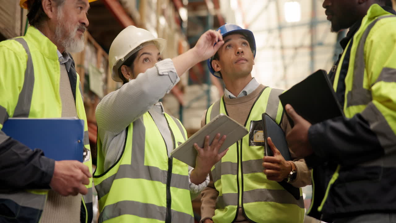 Warehouse workers discussing inventory with a tablet
