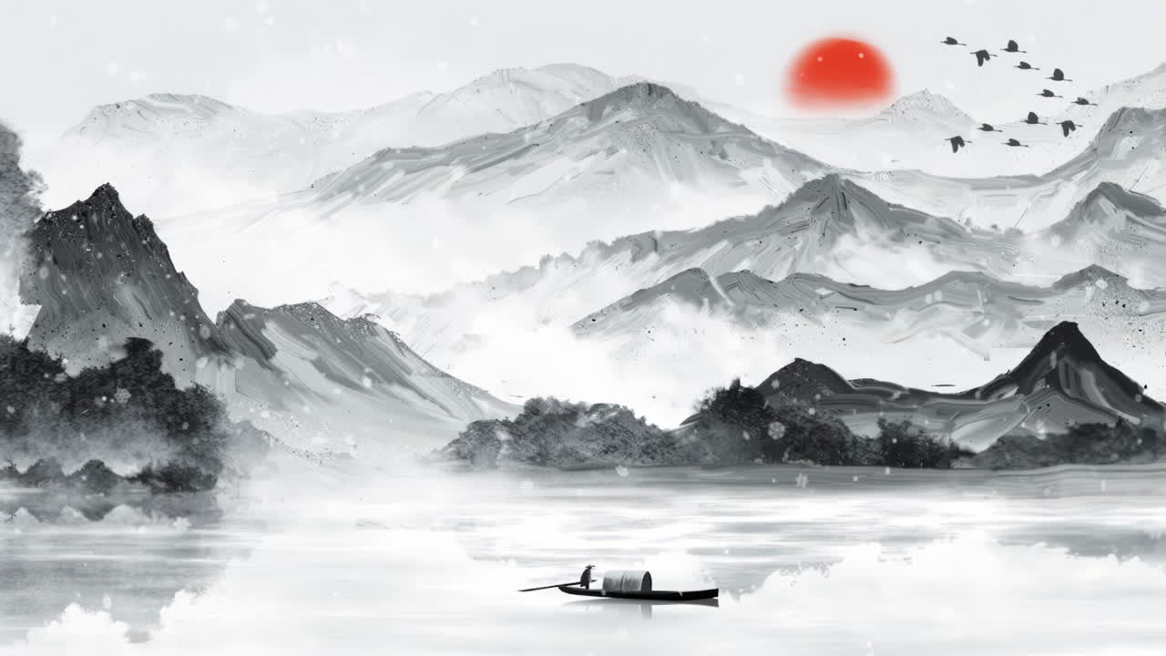 Tranquil landscape with mountains, lake, and a boat