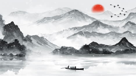 tranquil landscape with mountains, lake, and a boat