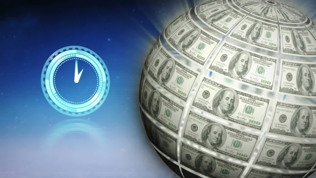 Animación de reloj brillante y globo de dólares que simboliza la economía global.