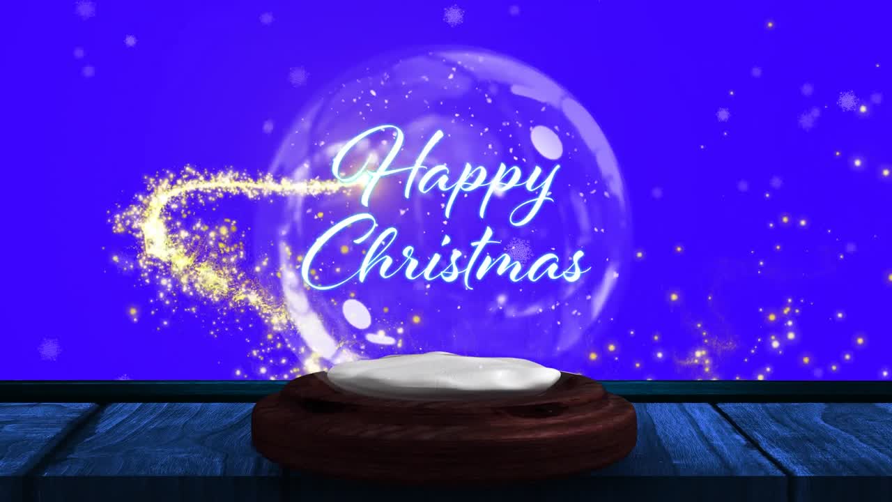 Animation of season's greetings text in snow globe and shooting star on blue background