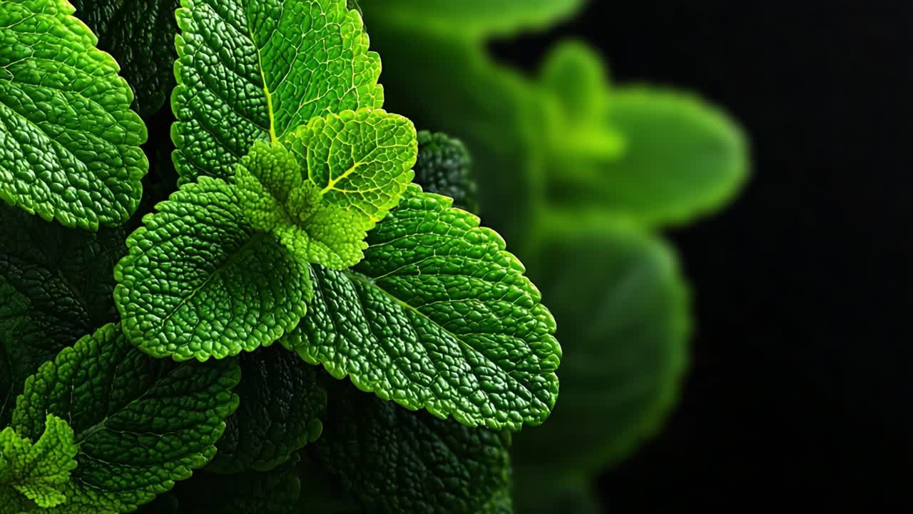 Foglie di menta verde brillante illuminate su uno sfondo scuro, che ne mettono in risalto la texture lussureggiante e il colore intenso, perfette per usi culinari ed estetici