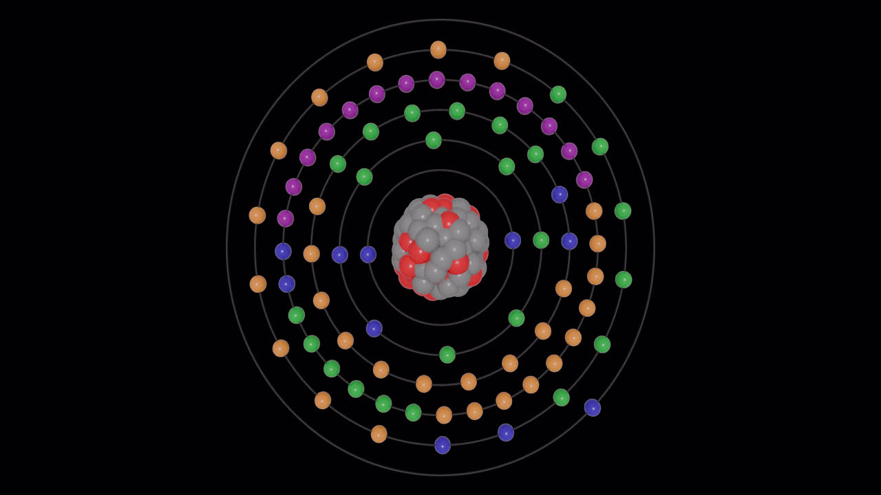 3D animation of a Gold (Au) atom in the Bohr model with electron orbits, nucleus, protons and neutrons, energy levels in seamless loop on transparent background. Ideal for STEM education visuals