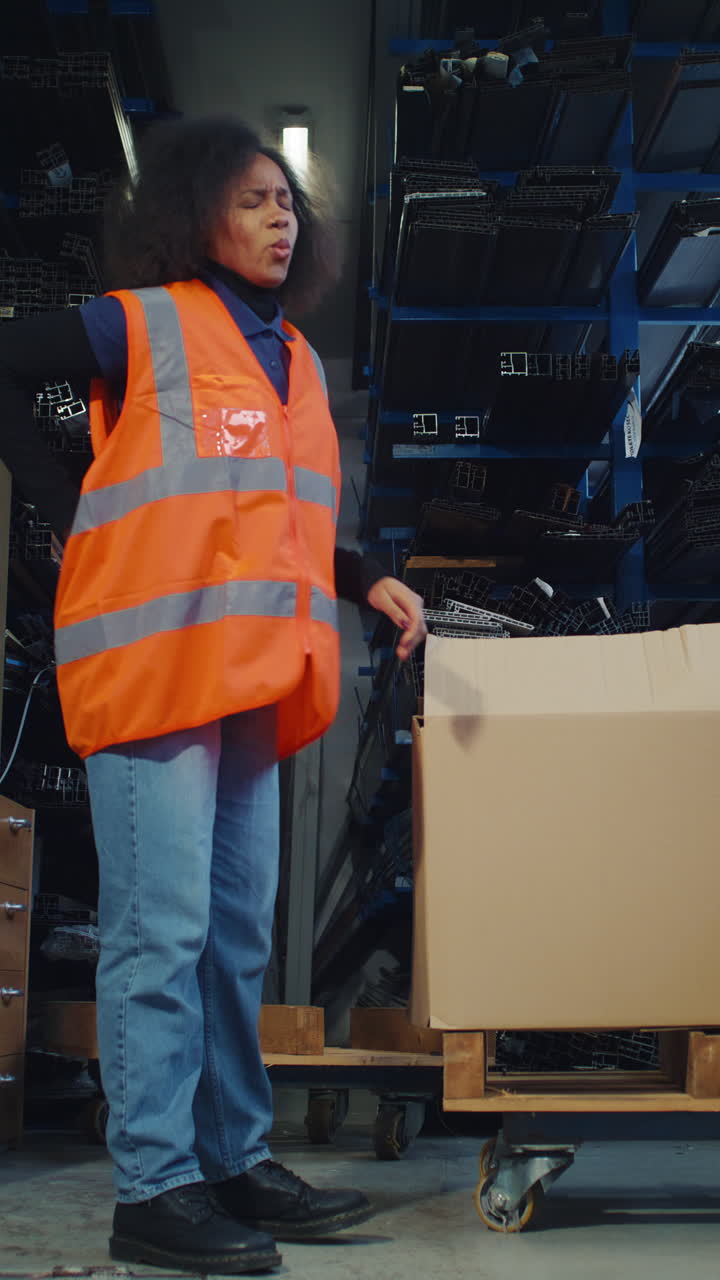 Woman a logistics and warehouse worker suffering from back pain after manual handling lifting and