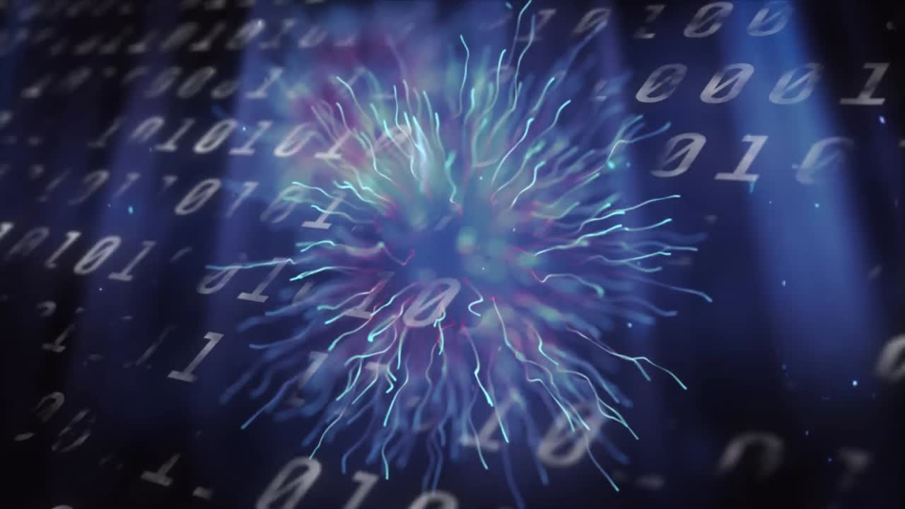 Animation of data processing and light trails on black background