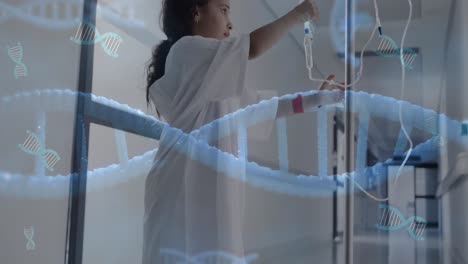 Animation-of-data-processing-over-biracial-girl-patient-with-drip-in-hospital