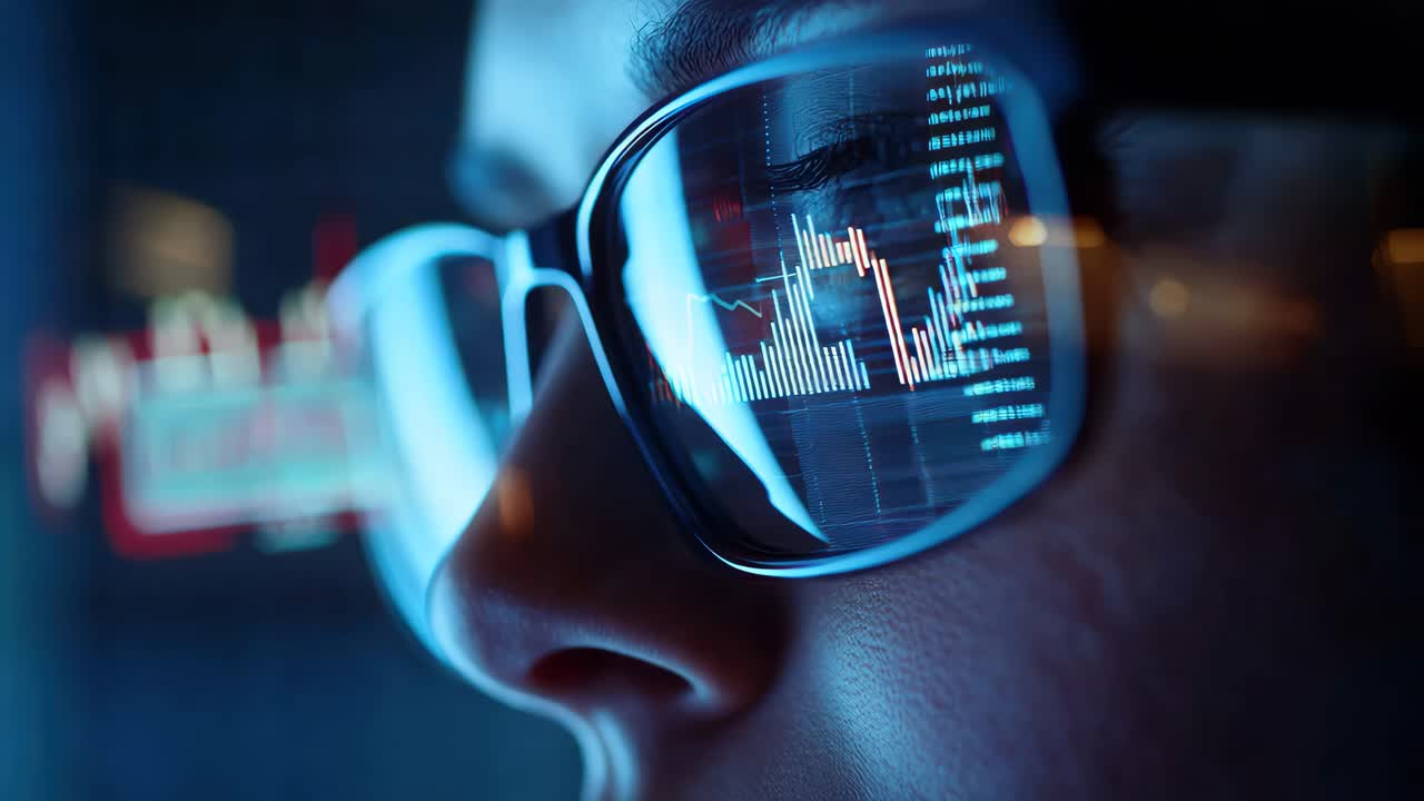 Close-up of a person wearing glasses reflecting stock market graphs, captured from a side angle