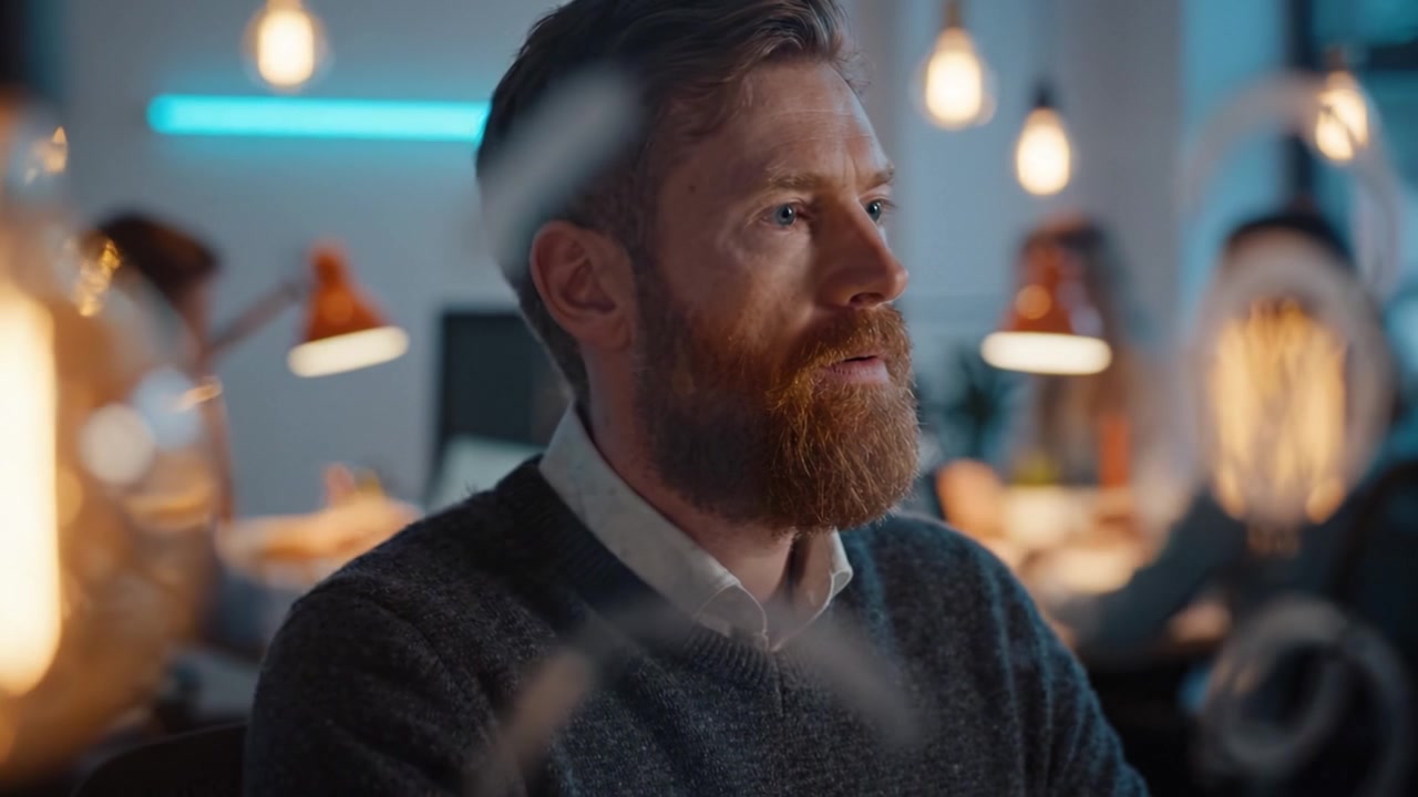 Un uomo pensieroso con la barba che lavora in un moderno ufficio illuminato da eleganti apparecchi di illuminazione, immerso nella contemplazione e concentrato sui suoi compiti e sull'ambiente circostante