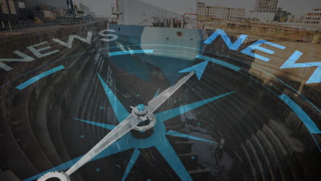 animation of compass with news tex over shipyard