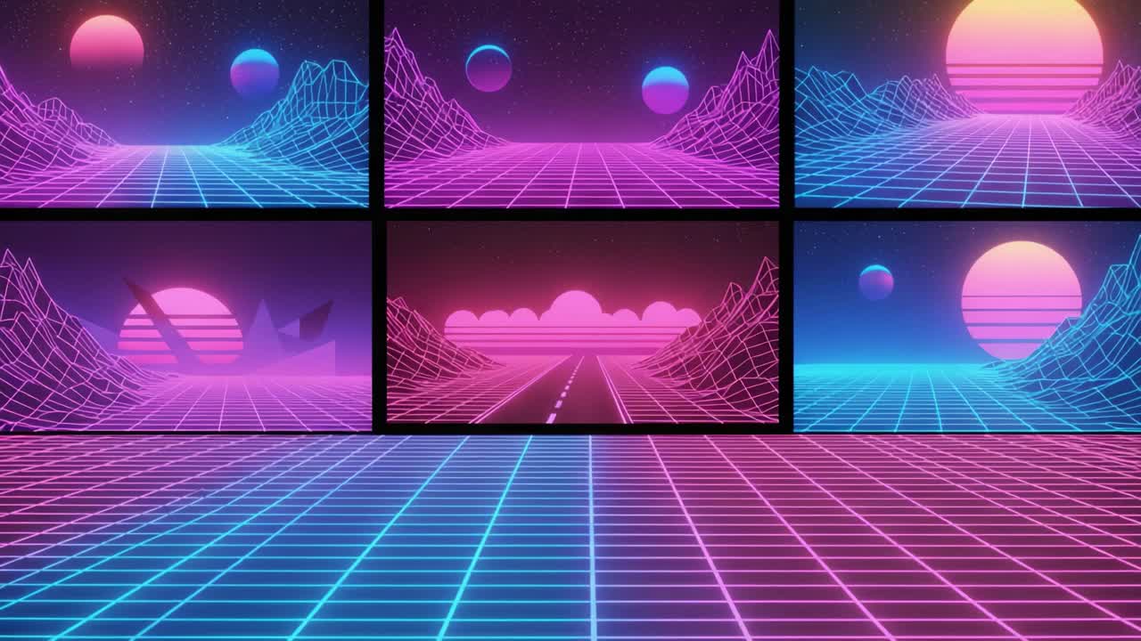 Un viaggio mozzafiato attraverso un paesaggio retrò intriso di neon: esplora i colori vivaci e gli elementi futuristici in questa vibrante esperienza visiva.