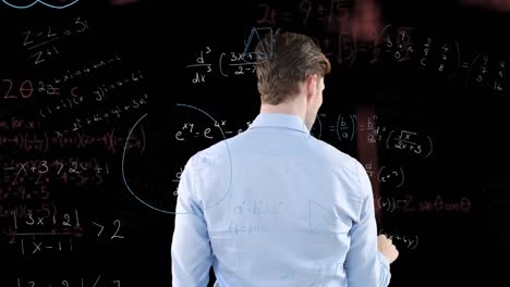 animation of mathematical equation with rear view of caucasian man using futuristic technology