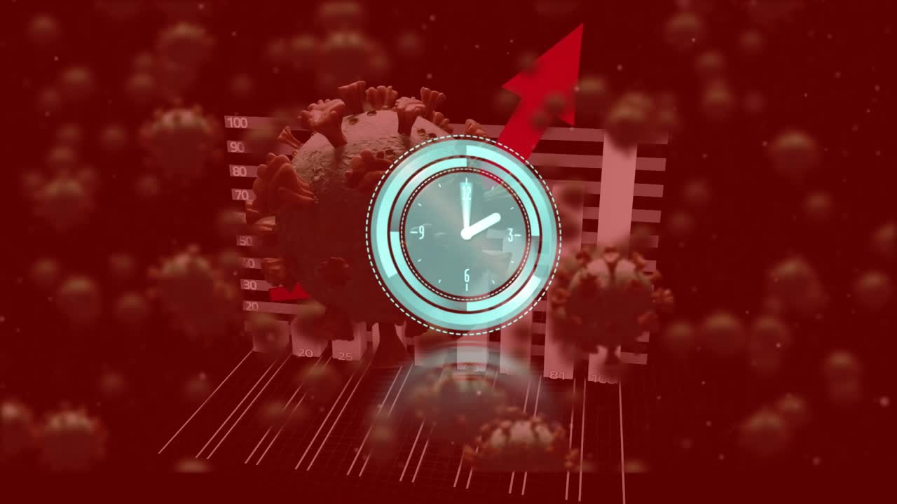 Animación de un temporizador girando sobre un gráfico de barras que crece en medio de células de coronavirus flotando
