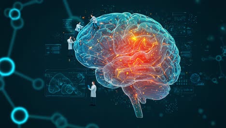 a vibrant exploration of neural processes: scientists engage with a glowing brain, uncovering mysteries of cognitive function and potential innovations in neuroscience