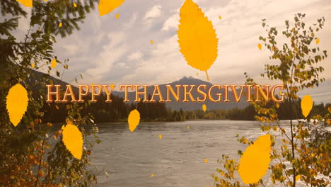 animation of happy thanksgiving day over autumn leaves and landscape