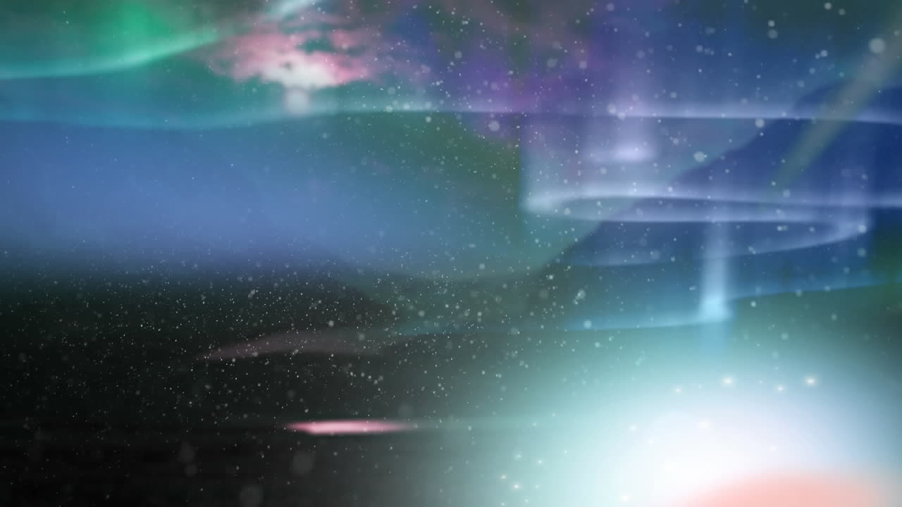 Animation of snow falling at christmas over aurora and winter scenery
