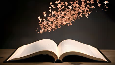an open book with butterflies flying out