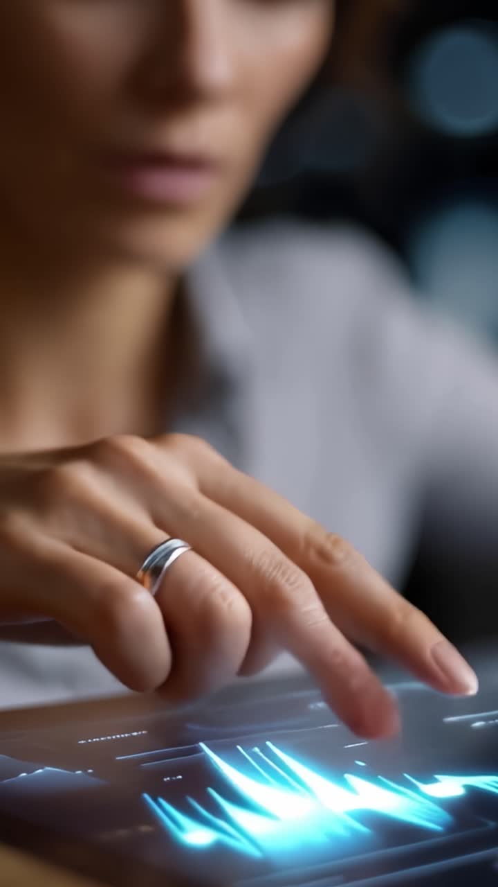 A close-up of a woman interacting with a futuristic touchscreen, showcasing advanced technology through finger gestures and holographic displays for data analysis