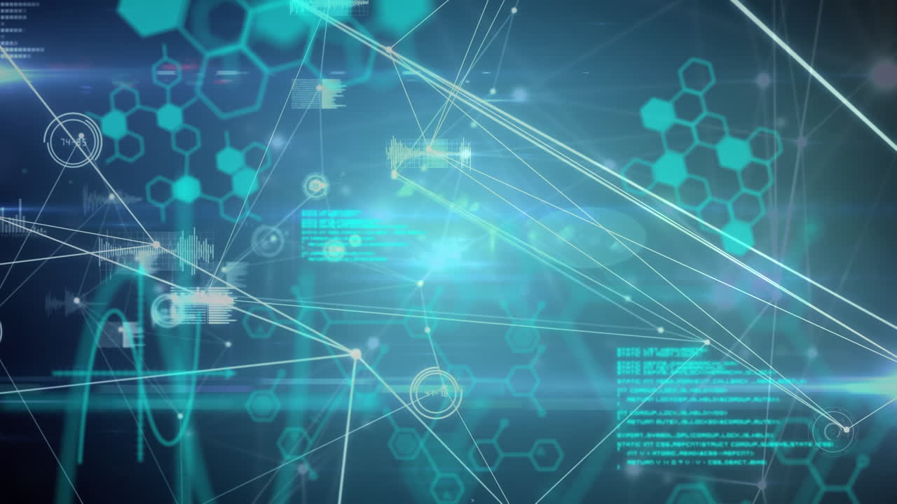 어두운 배경 위에 연결 네트워크와 아이콘의 애니메이션