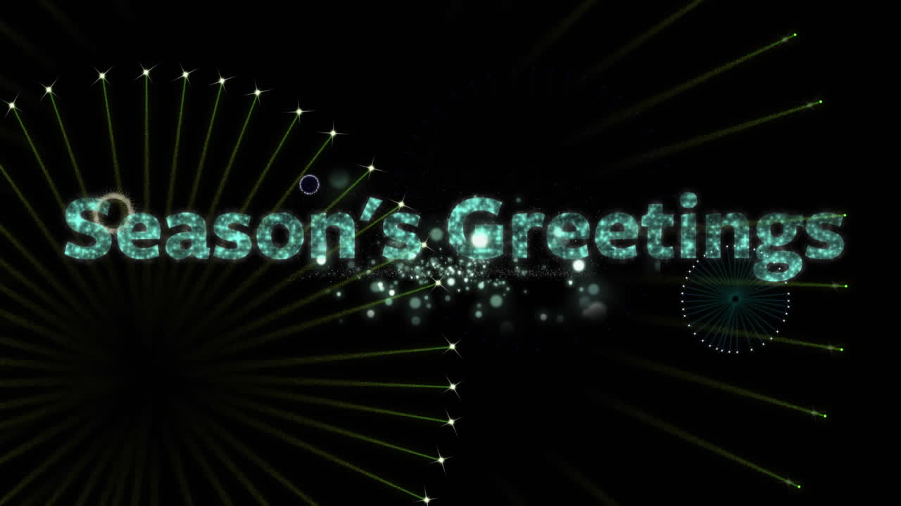 검은색 배경의 불꽃놀이 위에 있는 시즌의 인사 텍스트의 애니메이션
