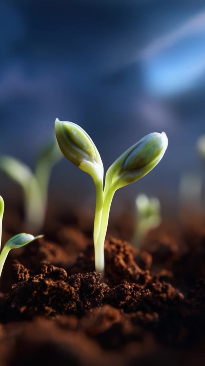 Primo piano di semi che germogliano emergendo da terreno fertile sotto uno sfondo vibrante, illustrando la crescita della natura e il ciclo della vita in uno spettacolo mozzafiato.
