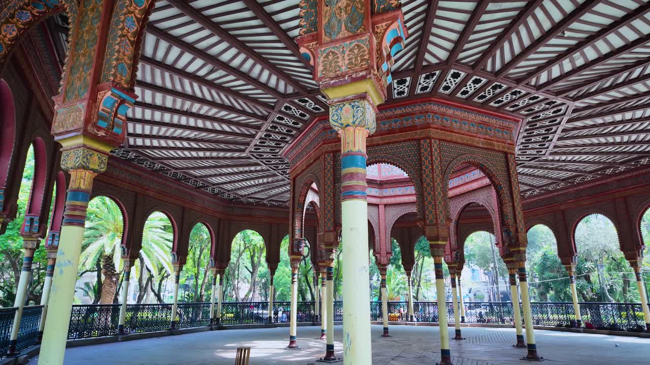 Panoramic shot of the geometric interior design of the iconic Moorish Kiosk in the popular Santa María la Ribera neighborhood of Mexico City