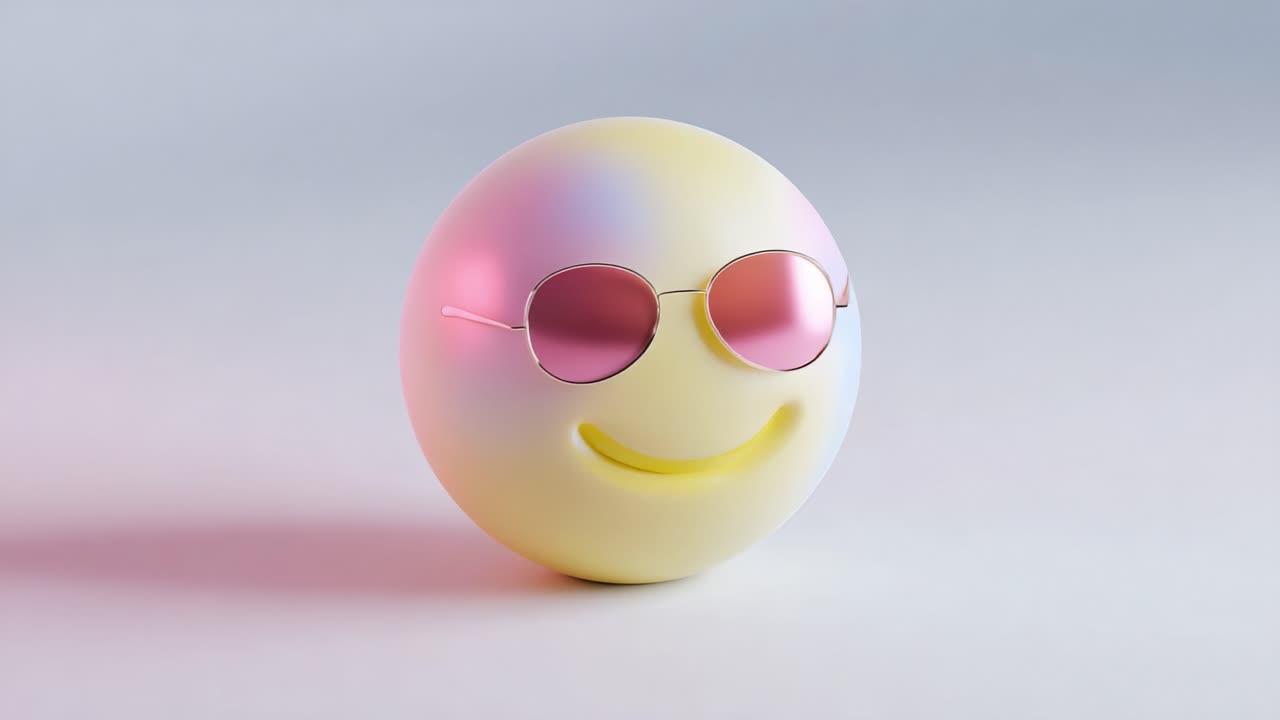 A joyful, pastel-hued spherical character with a cheerful smile and stylish pink sunglasses, radiating positive vibes and a playful attitude, perfect for conveying happiness and fun