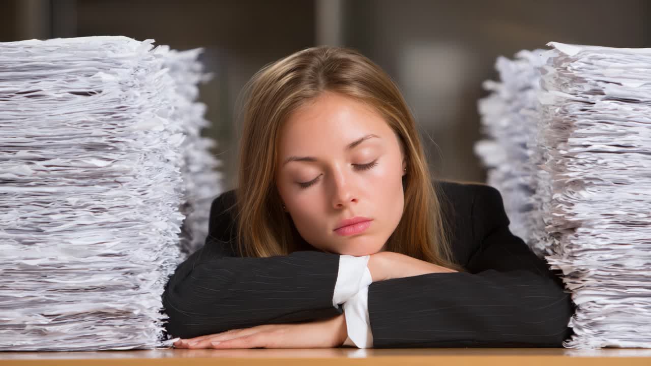A Tired Professional Woman Overwhelmed by Paperwork, Resting Her Head on a Table Surrounded by Stacks of Unfinished Tasks, Representing Stress and Burnout in the Workplace