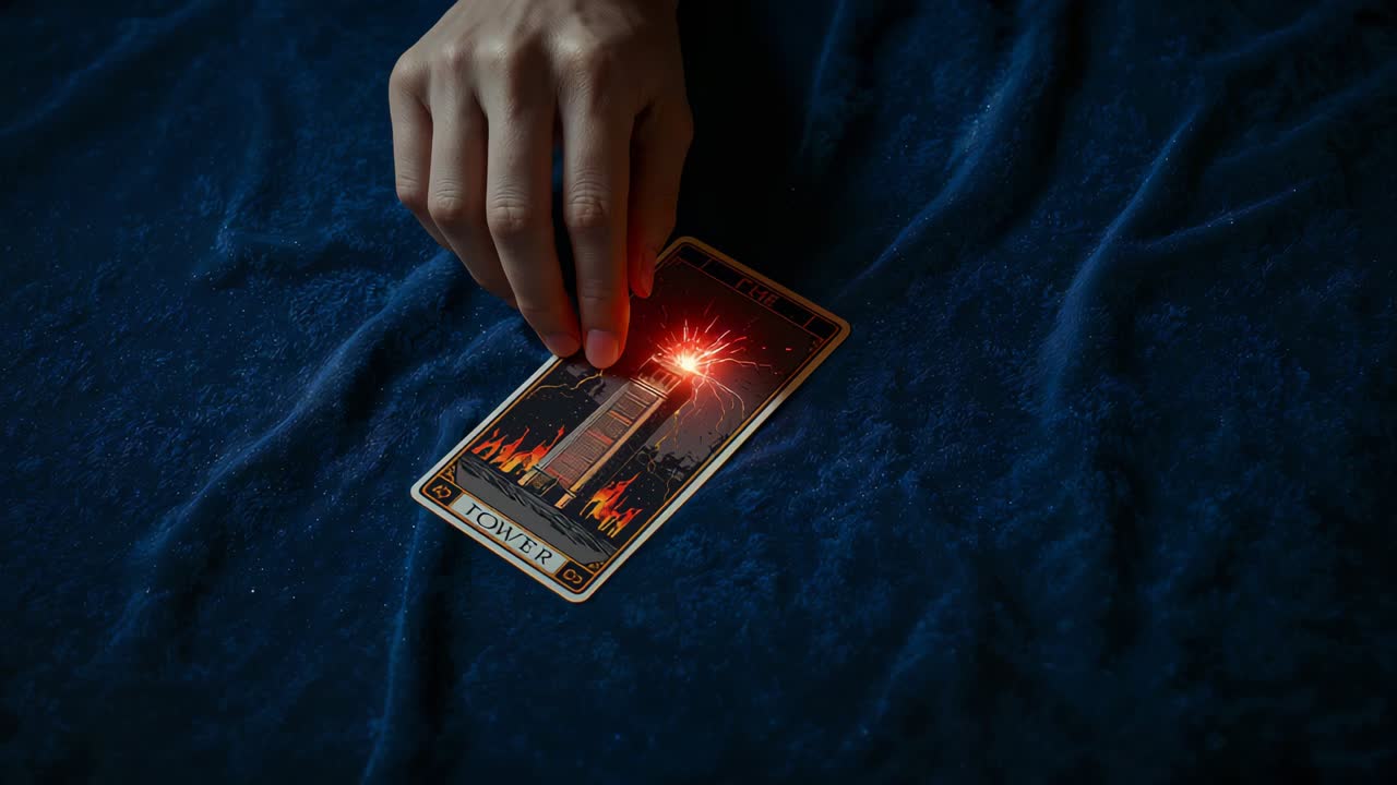 Menyentuh tangan kanan orang dewasa menghasilkan percikan pada kartu tarot TOWER di atas kain biru tua, menyulut api