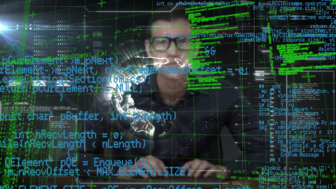 animación de la interfaz con el procesamiento de datos sobre hacker masculino caucásico y globo giratorio