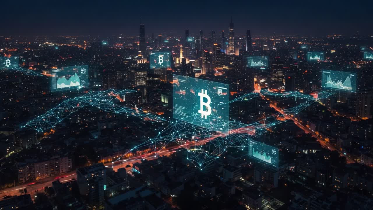 Illuminated Cityscape with Blockchain and Cryptocurrency Visualizations: A Futuristic Perspective on Digital Finance and Urban Development in the Night Sky