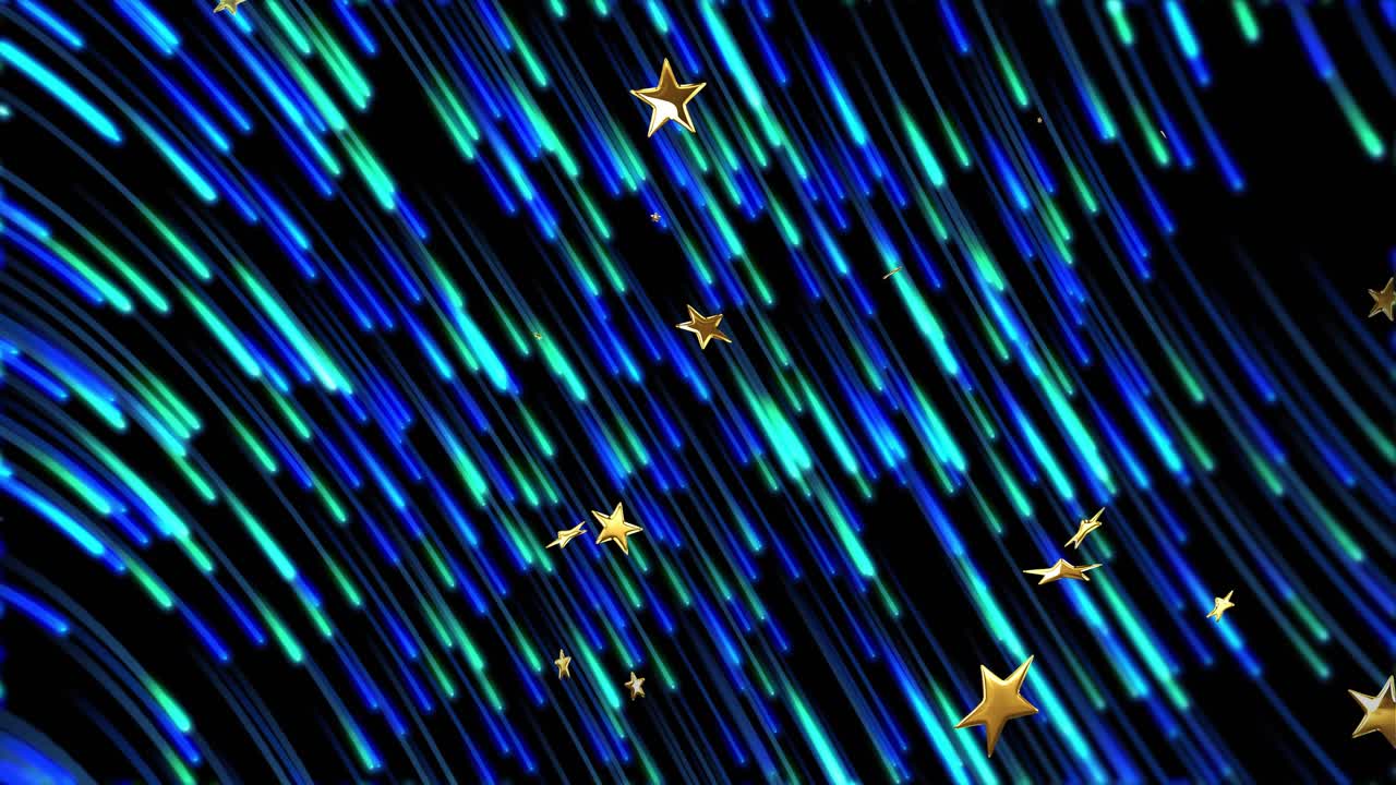 Blue-cyan streaks streaming while gold stars entering from top right, rotating and adding depth