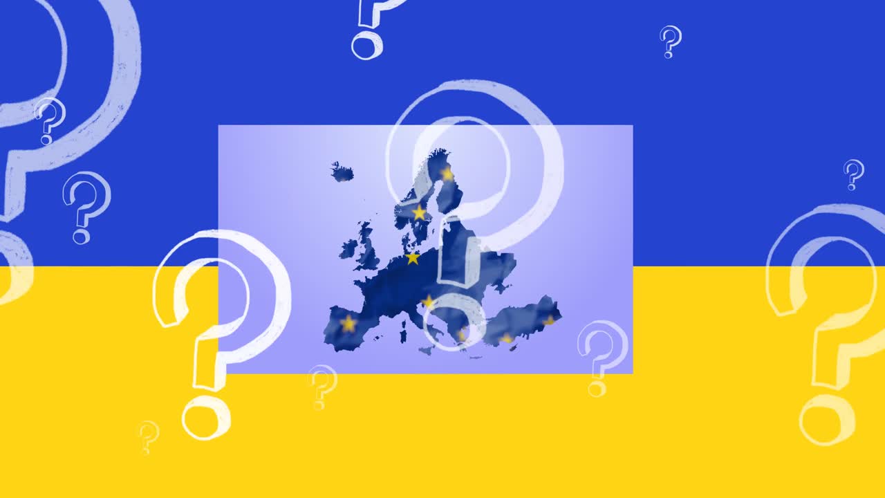 Animazione di punti interrogativi che fluttuano su mappa europea e bandiera dell'Ucraina