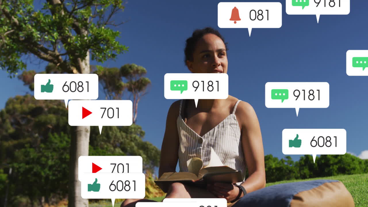 Reading outdoors, woman surrounded by animation of social media notification icons