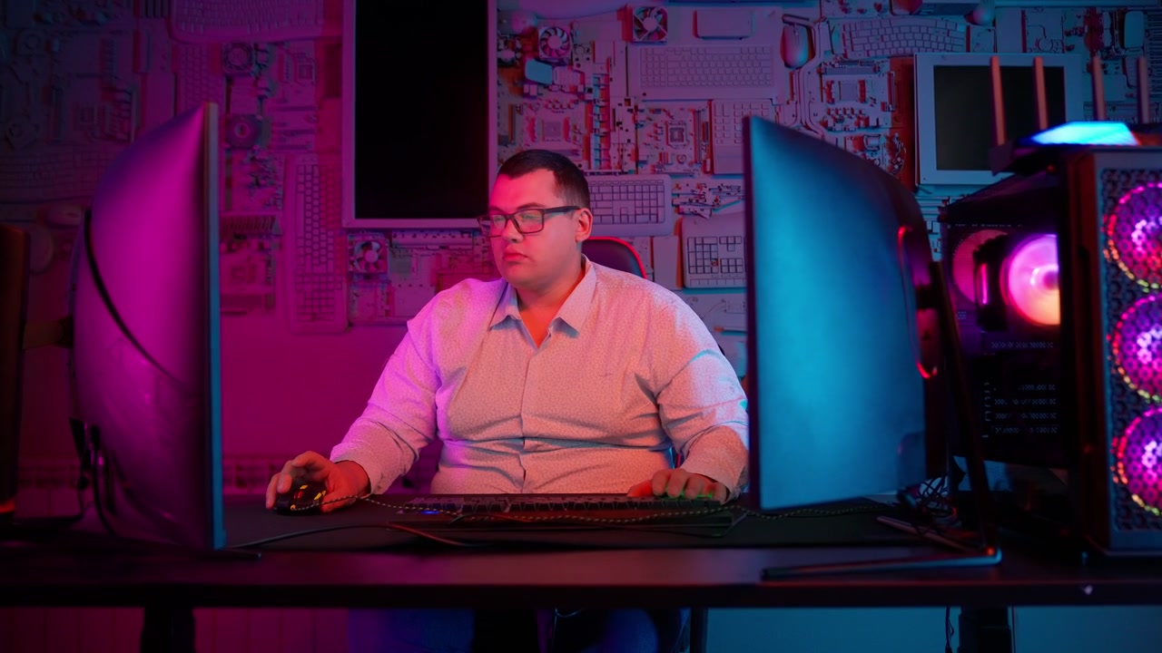 Mężczyzna pracujący lub grający na wielu monitorach komputerowych z neonowym oświetleniem RGB