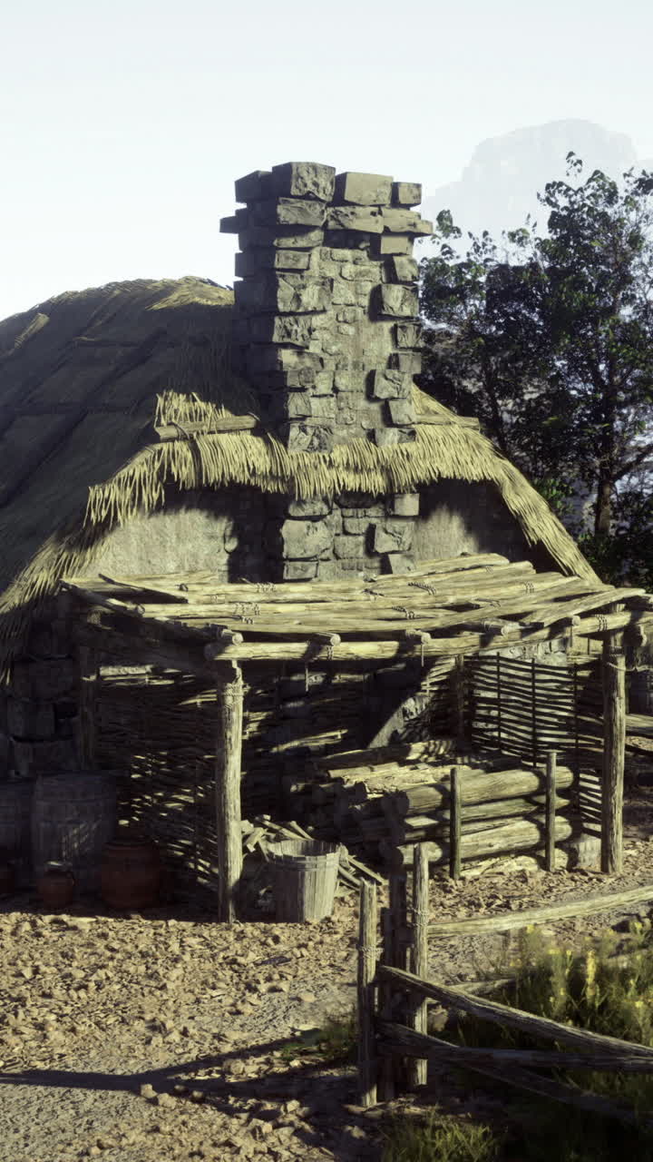 Cottage rustico in pietra circondato dalla natura in un paesaggio tranquillo