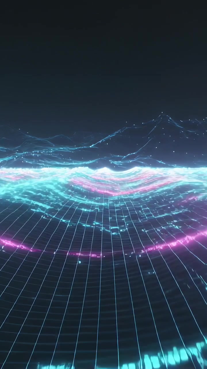 Vertical video: Frame start driving neon ribbons rolling across virtual grid with cyan magenta dots