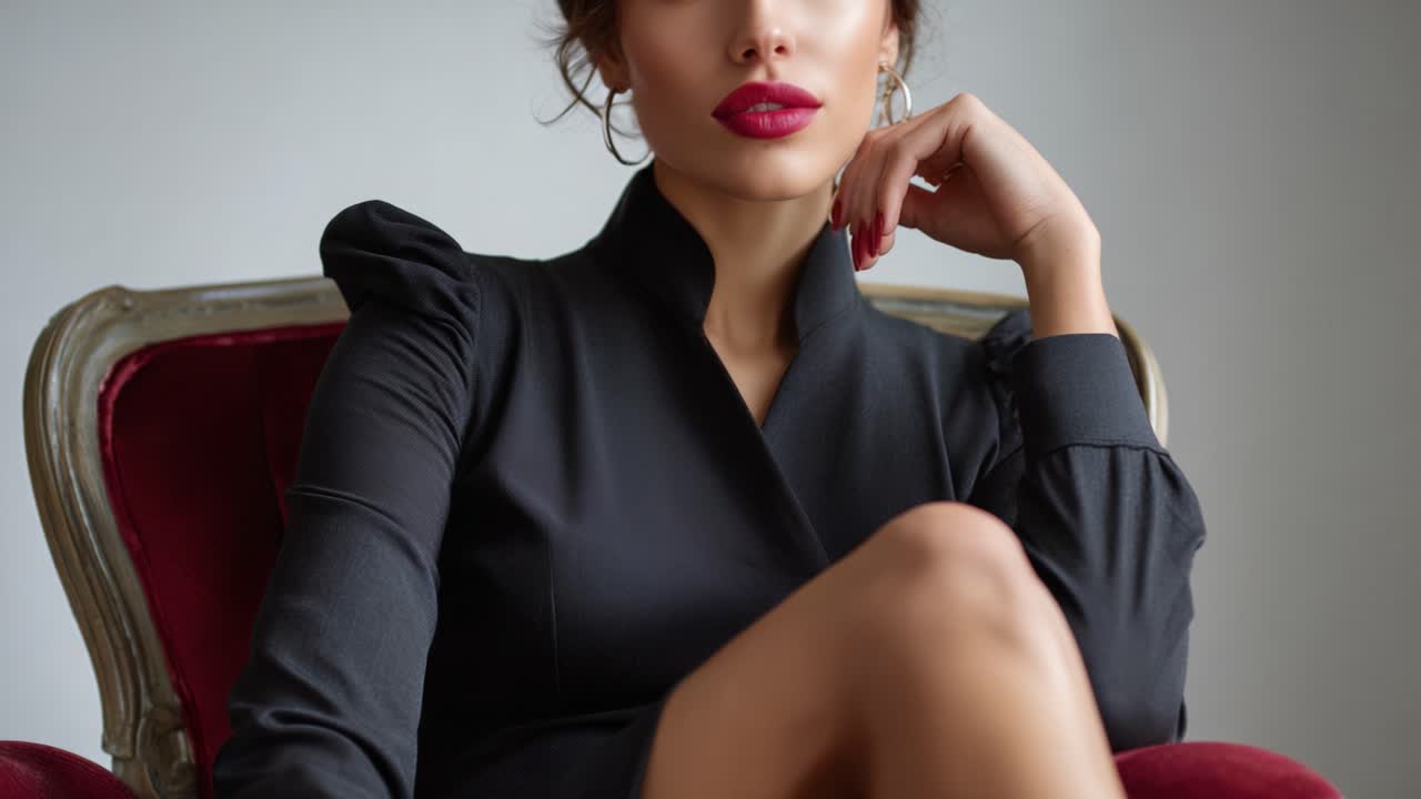 Elegante ritratto di una donna in un elegante abito nero con ricci morbidi e un trucco audace, che emana sicurezza e fascino su uno sfondo semplice.
