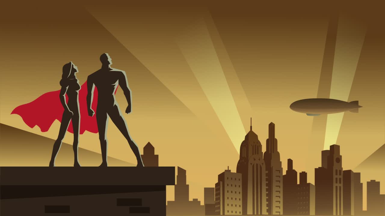 도시 애니메이션에서 루프 가능한 아트 데코 스타일의 슈퍼히어로 듀오