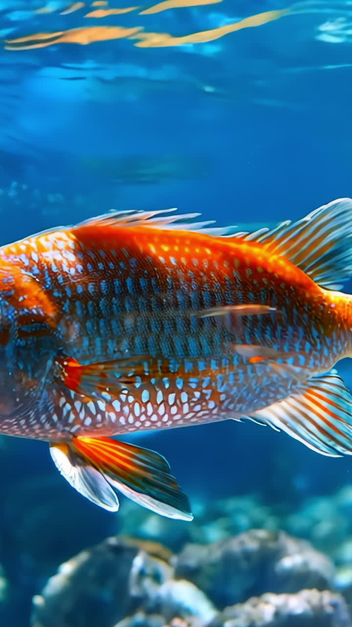 A fish is swimming in a tank with other fish. The fish is orange and white. The tank is filled with water and rocks