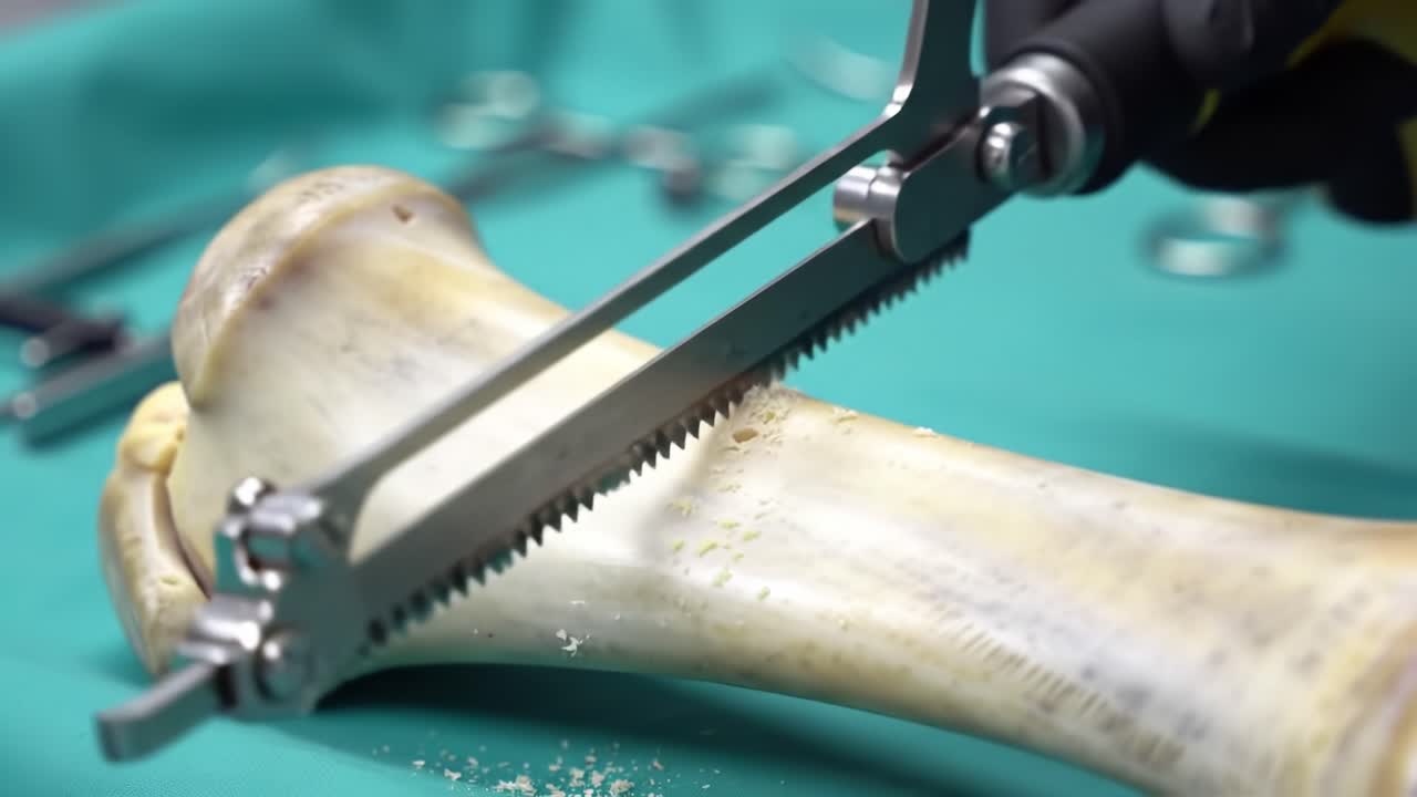 In a clinical setting, a skilled practitioner is focused on cutting through a bone with a surgical saw. The procedure is precise and essential for an upcoming intervention.