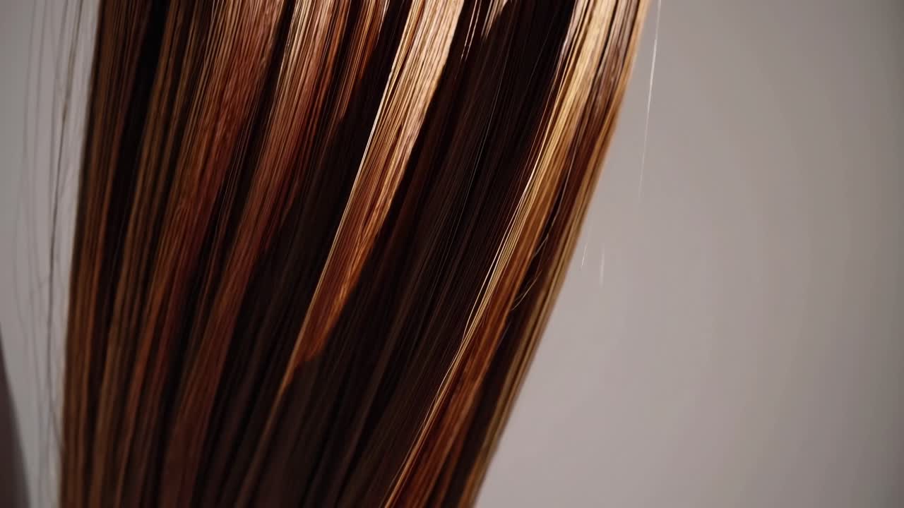 Close-up angle of shiny brown hair strands, showcasing texture and highlights